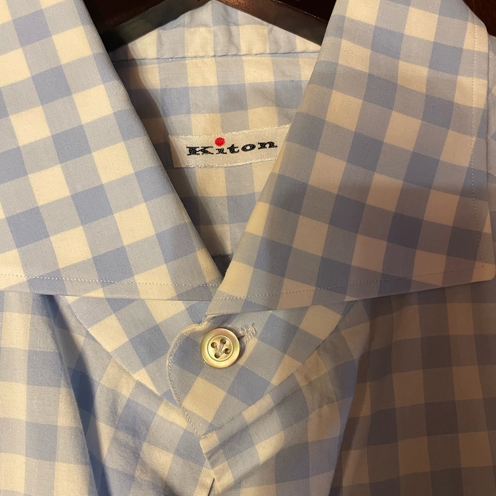 KITON NAPOLI 16/41 Made In Italy Light Blue Checkered 100% Cotton Dress Shirt